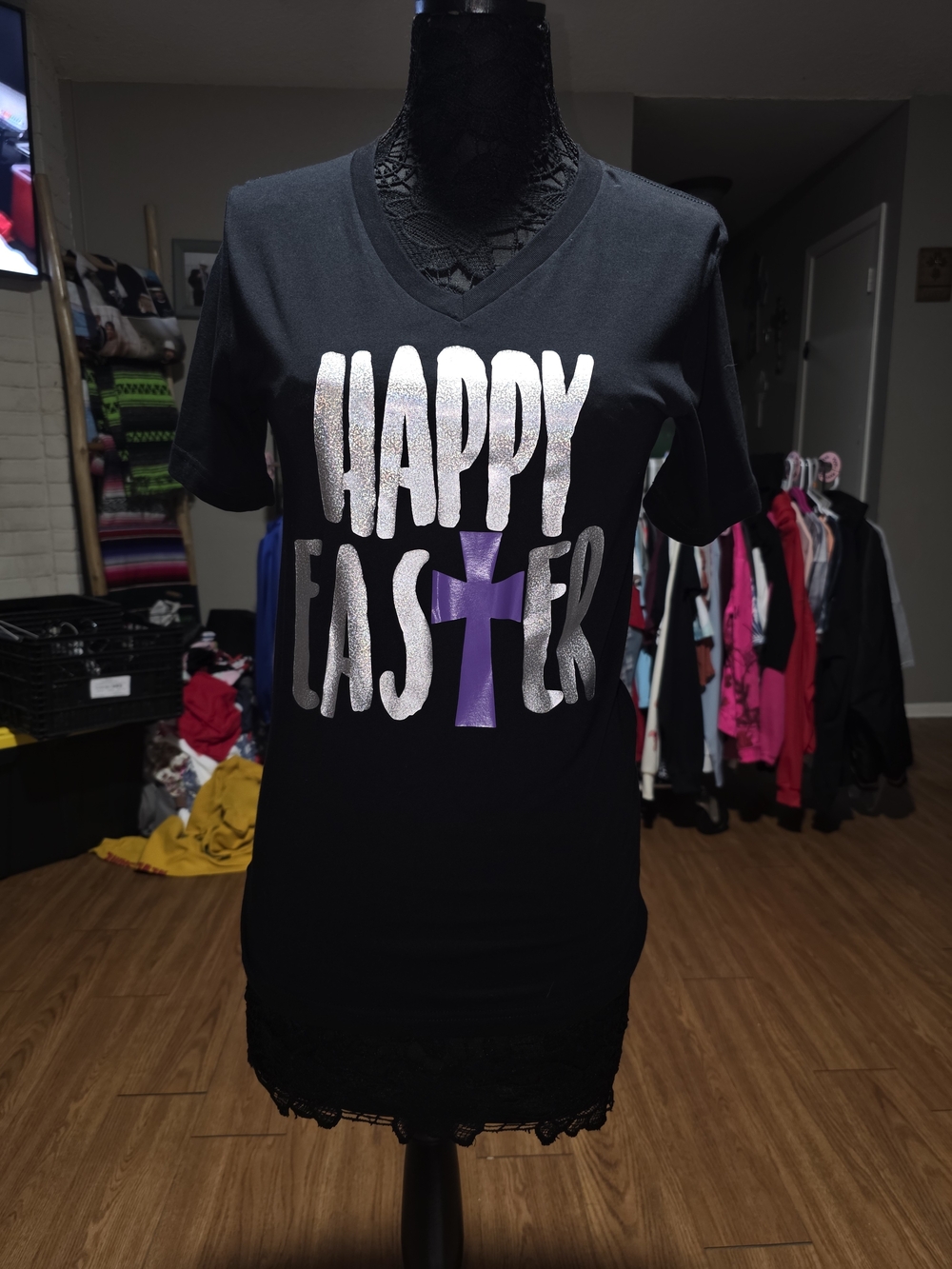 Bella Canvas Black Tee with Silver 'Happy Easter' and Purple Cross